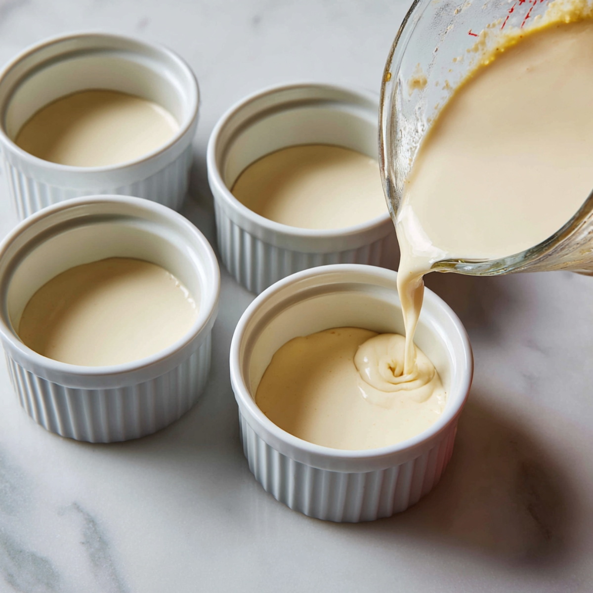 Overhead shot of four white ramekins arranged on a marble countertop, with a glass measuring jug pouring pale panna cotta custard into one ramekin; the others sit ready, their surfaces gleaming under soft light.