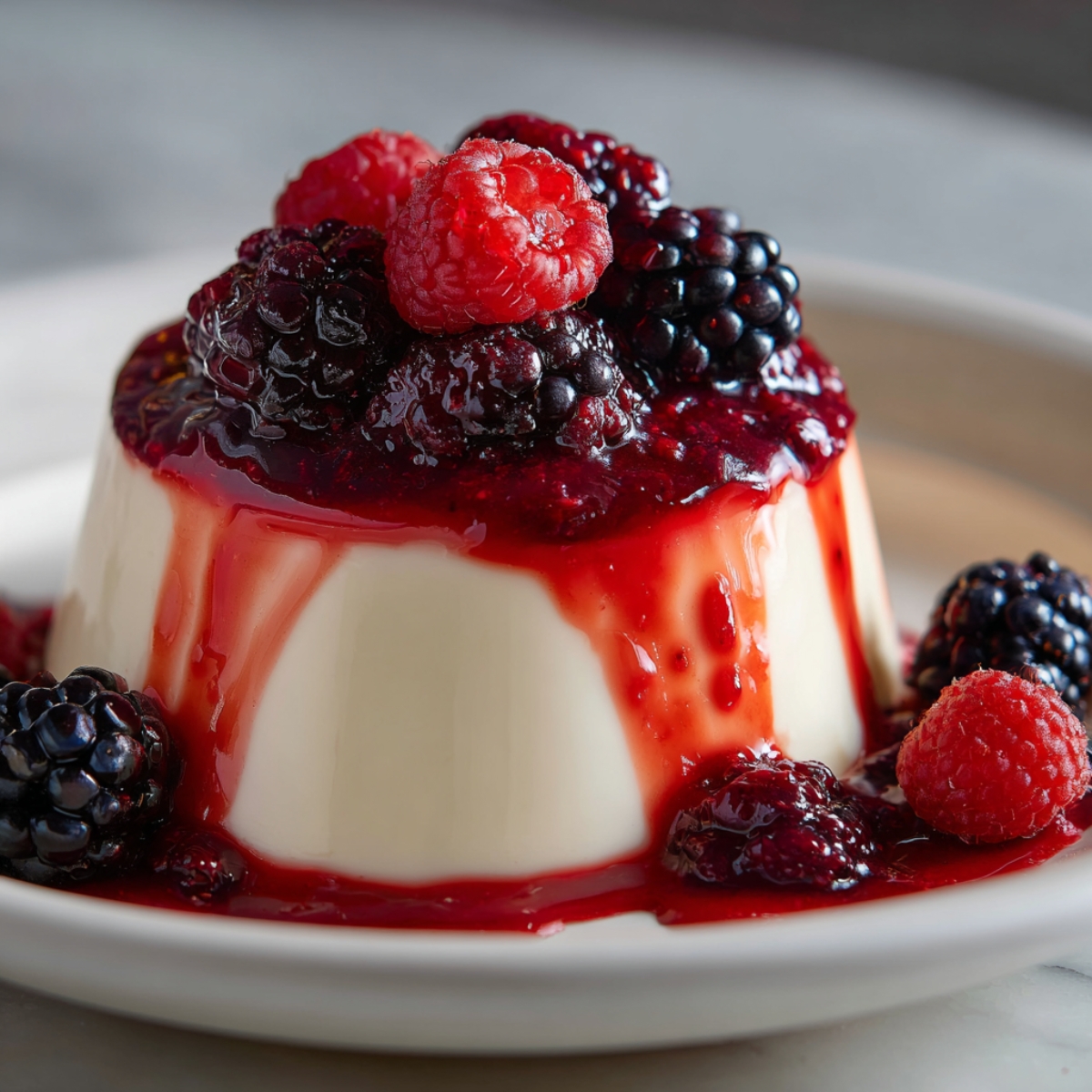 Close‑up of a creamy panna cotta unmolded on a white plate, topped with a glossy red berry compote that drips down the sides, whole raspberries and blackberries piled on top, and a bright sprig of mint accenting the smooth surface.
