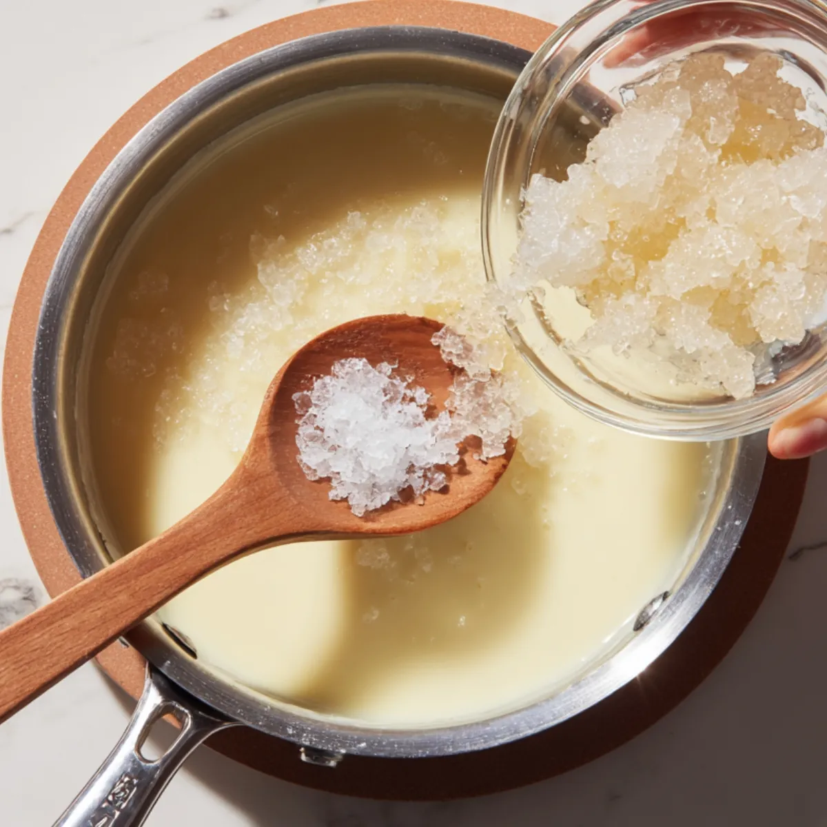 Close‑up overhead of a saucepan on a trivet with steaming cream, a wooden spoon holding a mound of fully bloomed, translucent gelatin crystals about to be added from a clear glass bowl.
