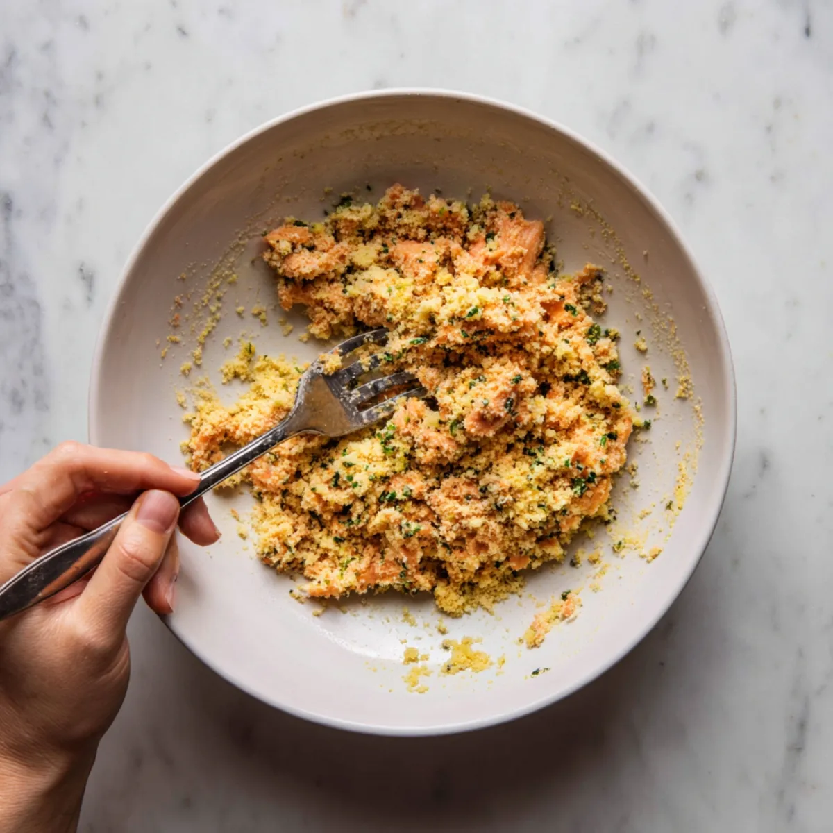 Top‑down view of a hand holding a fork, mashing together flaked salmon, breadcrumbs, egg, diced onion, garlic, and seasonings in a white mixing bowl on a marble surface.