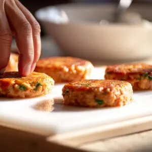 Close‑up side‑angle of a hand pressing a round salmon mixture patty on a white cutting board, with three more formed patties lined up behind and a blurred bowl in the background.
