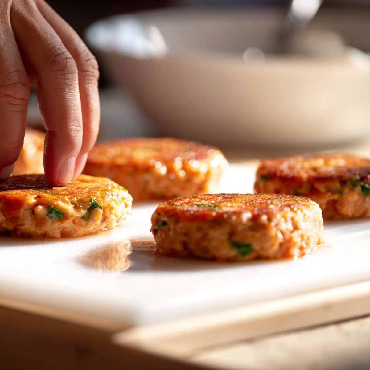 Close‑up side‑angle of a hand pressing a round salmon mixture patty on a white cutting board, with three more formed patties lined up behind and a blurred bowl in the background.