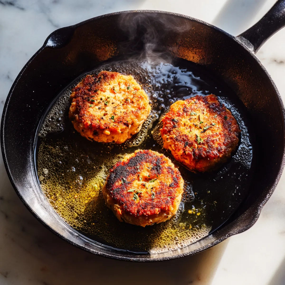 Overhead shot of three golden‑brown salmon cakes sizzling in a pool of bubbling oil inside a black cast‑iron skillet, wisps of steam rising against a white marble countertop.