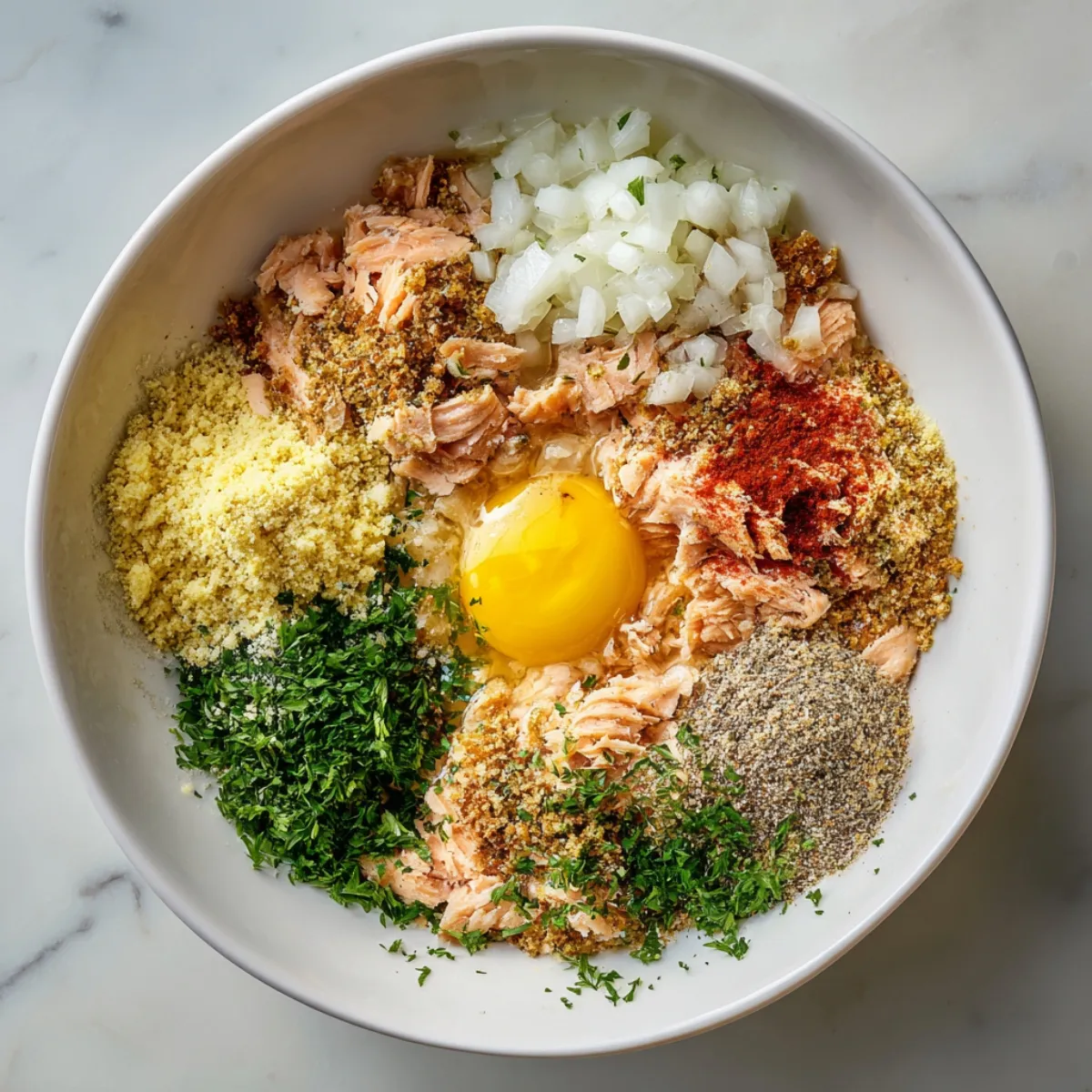 Top‑down image of six evenly browned salmon cakes resting on a wire cooling rack set over parchment‑lined white marble, showcasing their crisp, golden cru