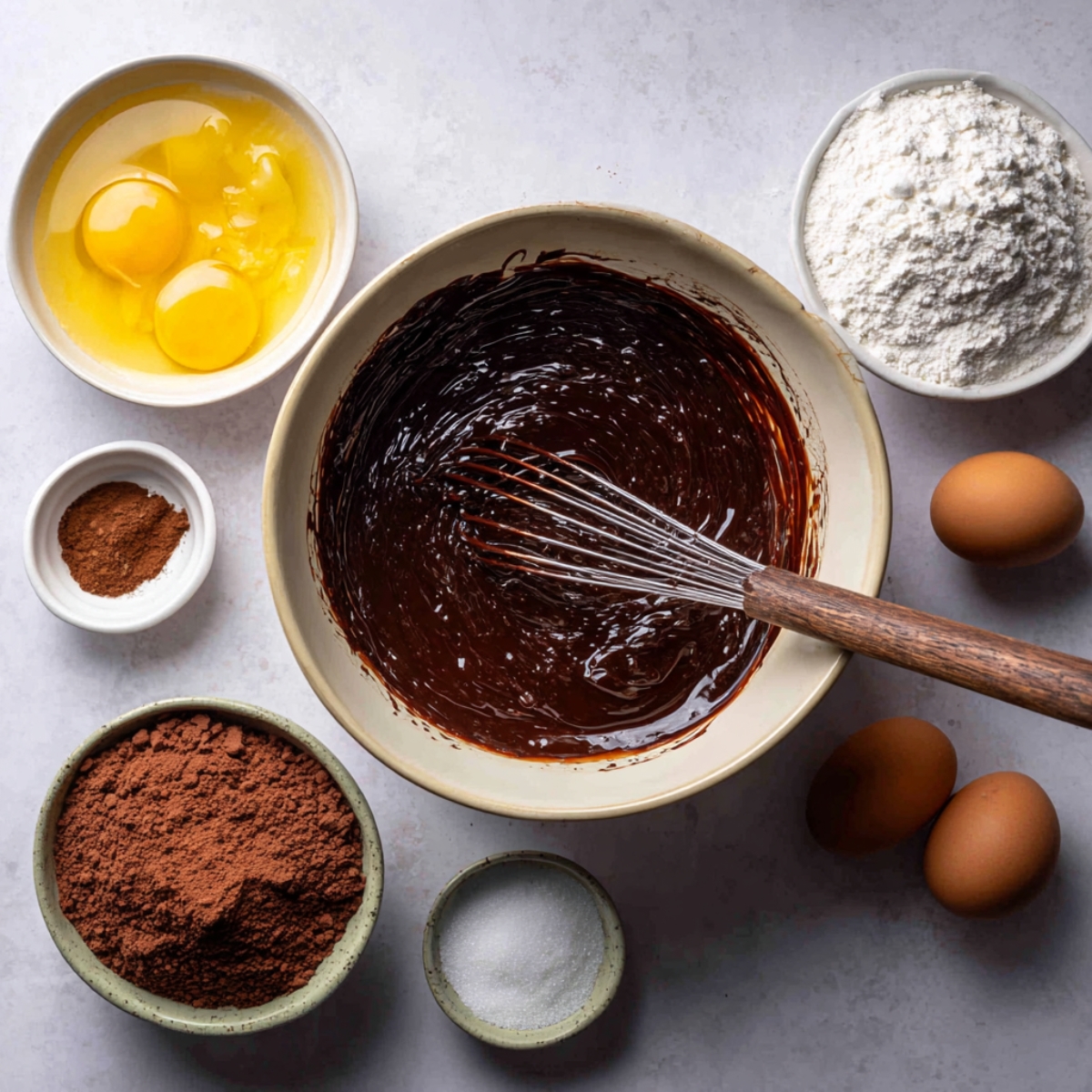 Top‑down shot of a light gray countertop with a mixing bowl of melted dark chocolate and a whisk, surrounded by small bowls of eggs, flour, cocoa powder, and sugar.