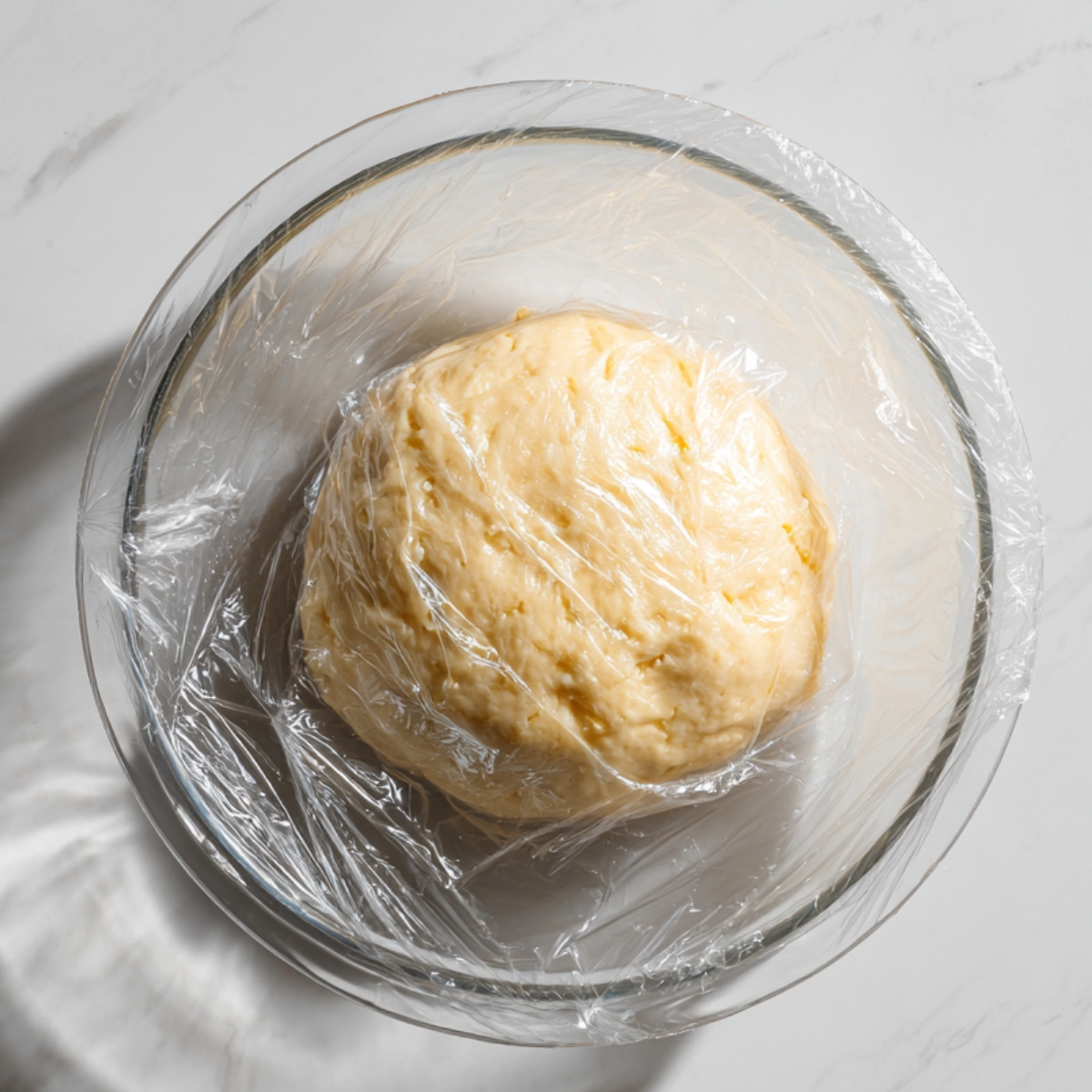Risen dough ball in a clear bowl covered with plastic wrap on a white surface.