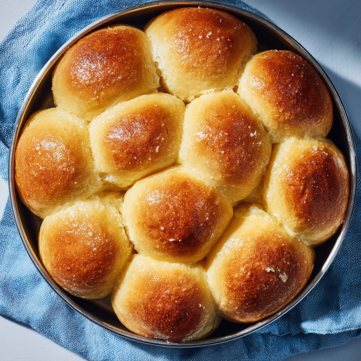 Pan of glossy golden dinner rolls brushed with butter on a blue towel.