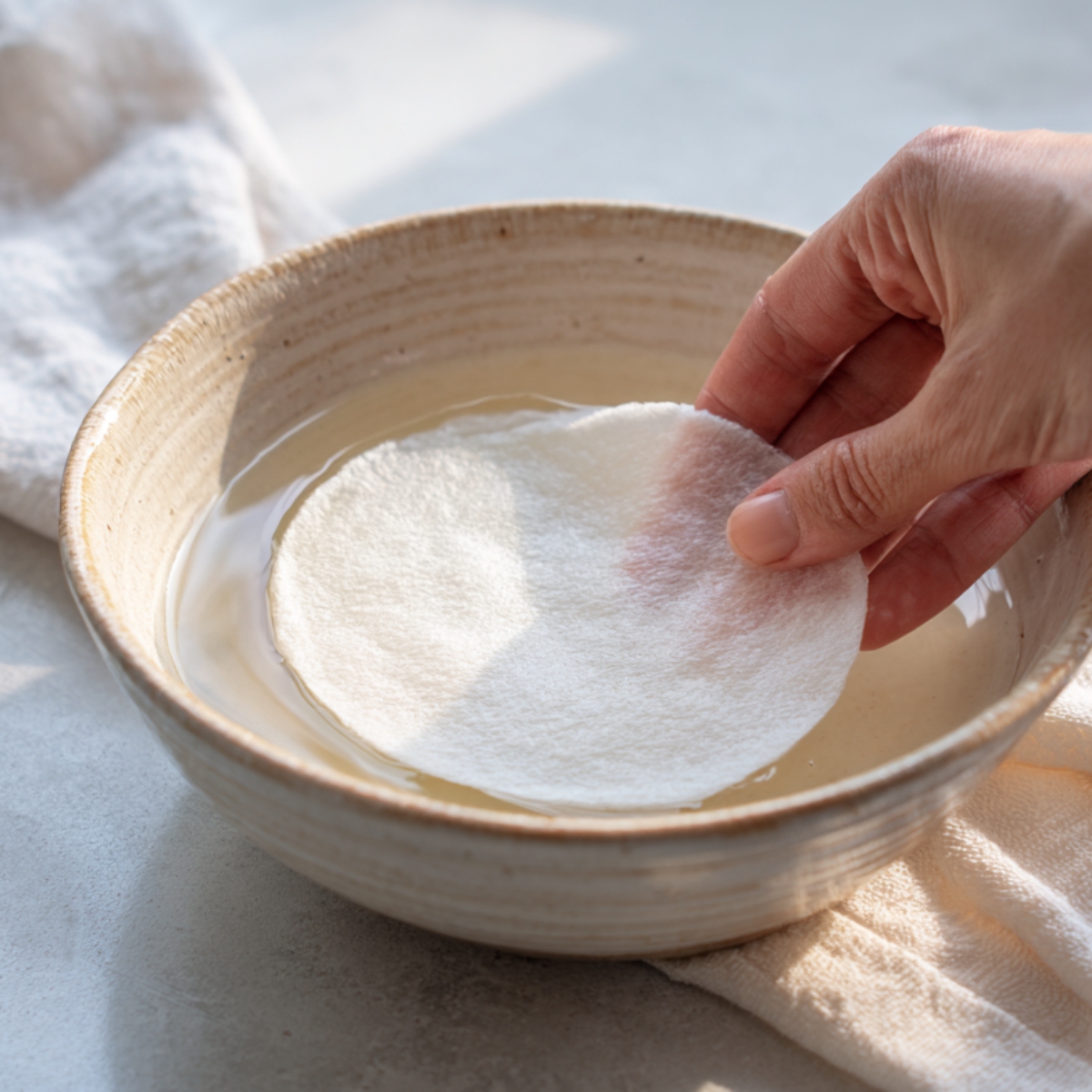 A hand gently dipping a round sheet of dry rice paper into a bowl of warm water to soften it, with a white towel placed beside the bowl for rolling spring rolls.