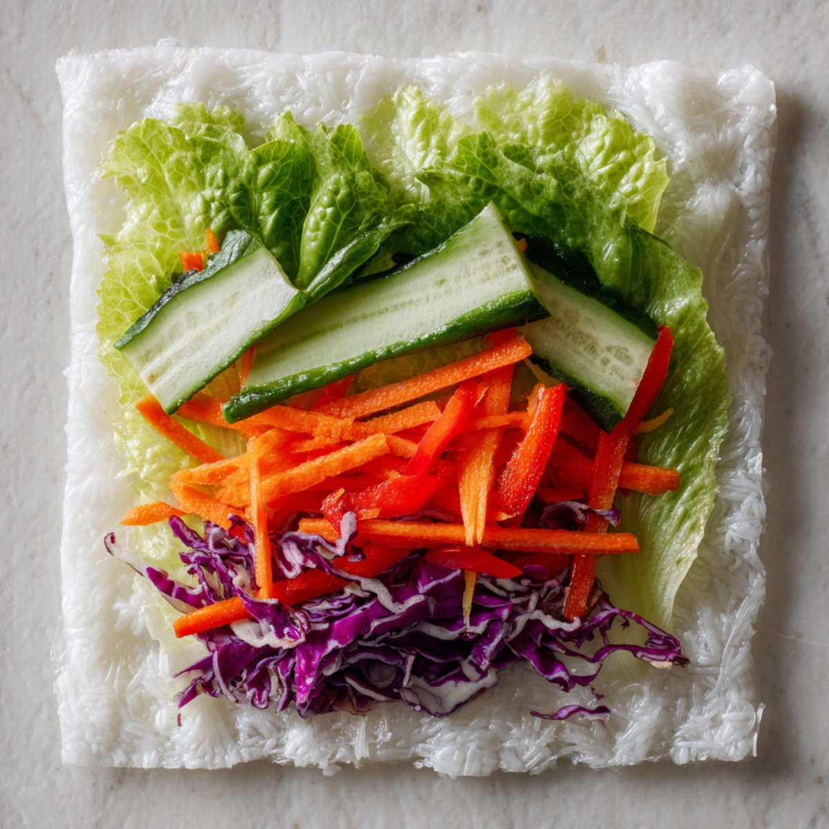 A close-up of softened rice paper laid flat with colorful fresh vegetables on top, including romaine lettuce, julienned carrots, red bell peppers, purple cabbage, and cucumber, ready to be wrapped.