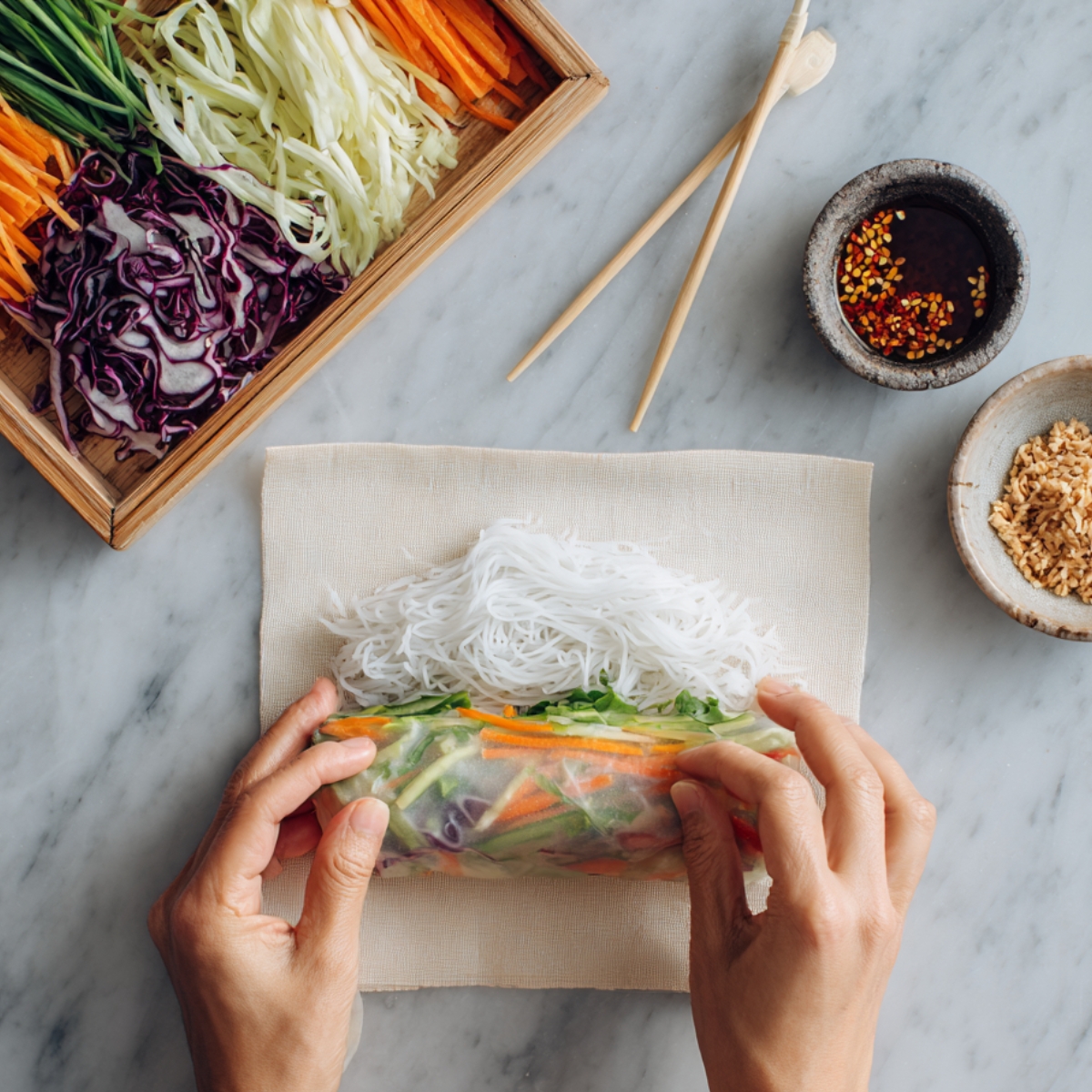A top-down view of hands carefully rolling a fresh spring roll on a clean towel. The roll is filled with vermicelli noodles, shredded carrots, cabbage, and greens, with dipping sauces and toppings nearby on a marble surface.