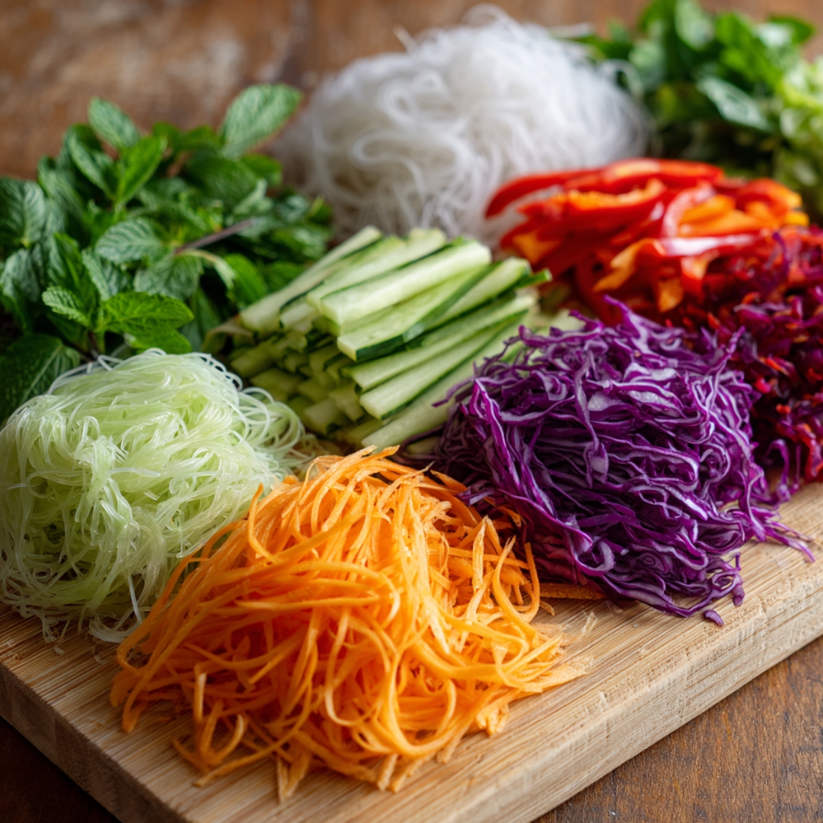 A vibrant spread of fresh, prepped ingredients for spring rolls on a wooden board, including julienned carrots, red bell peppers, cucumber sticks, shredded purple cabbage, rice noodles, fresh mint, and herbs