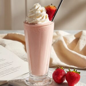 A tall, slender glass on a white embossed coaster holds a pale‑pink strawberry milkshake, topped with a generous swirl of whipped cream, a ripe strawberry on the rim, and a slim metal straw; beside it, two fresh strawberries rest on the table and a cream‑colored linen and open book lie softly out of focus in the background.