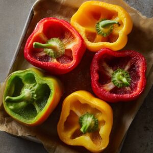 Top‑down shot of five blanched bell pepper halves (two yellow, two red, one green) arranged cut‑side up on parchment‑lined baking sheet, their interiors glossy and slightly softened after shocking in an ice bath