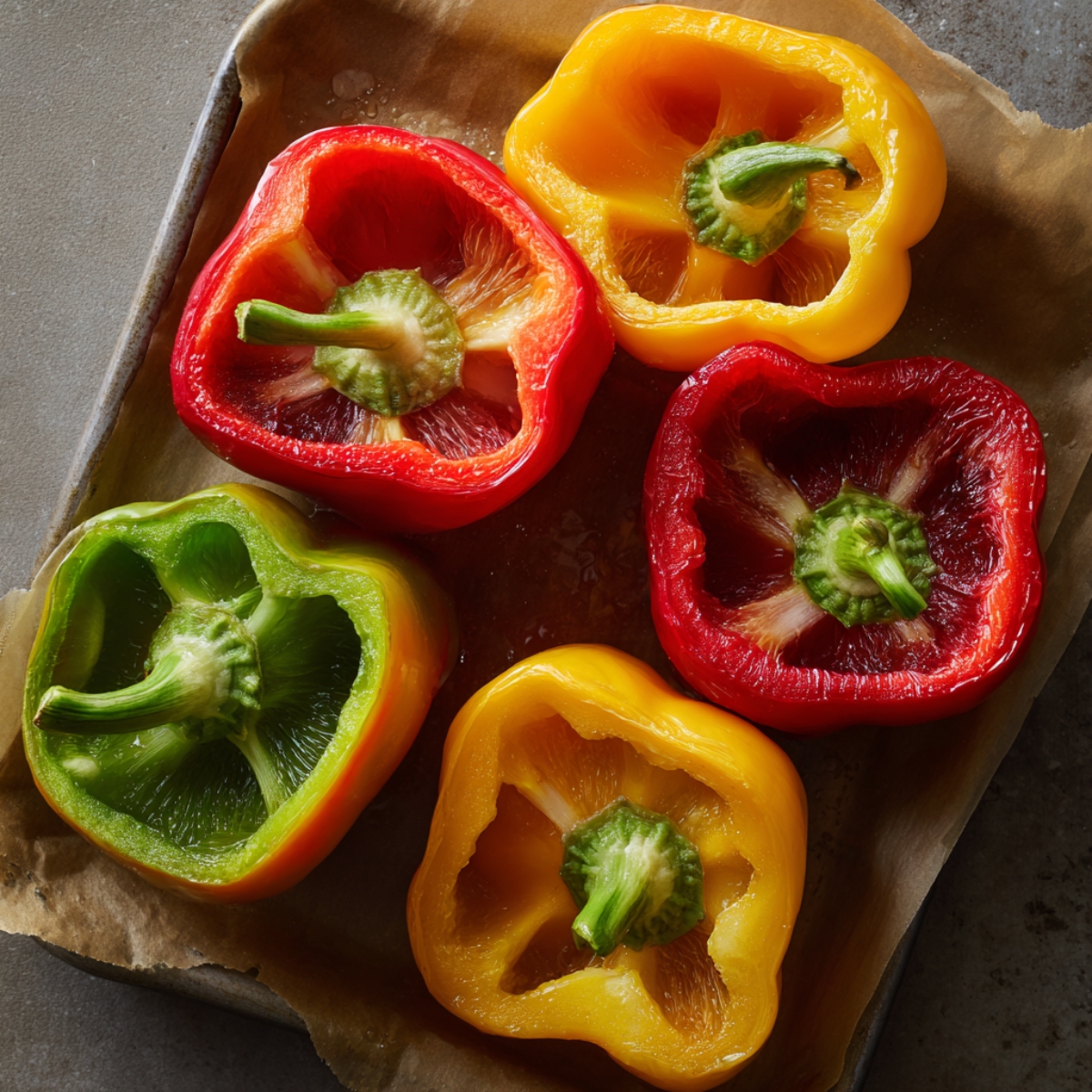 Top‑down shot of five blanched bell pepper halves (two yellow, two red, one green) arranged cut‑side up on parchment‑lined baking sheet, their interiors glossy and slightly softened after shocking in an ice bath