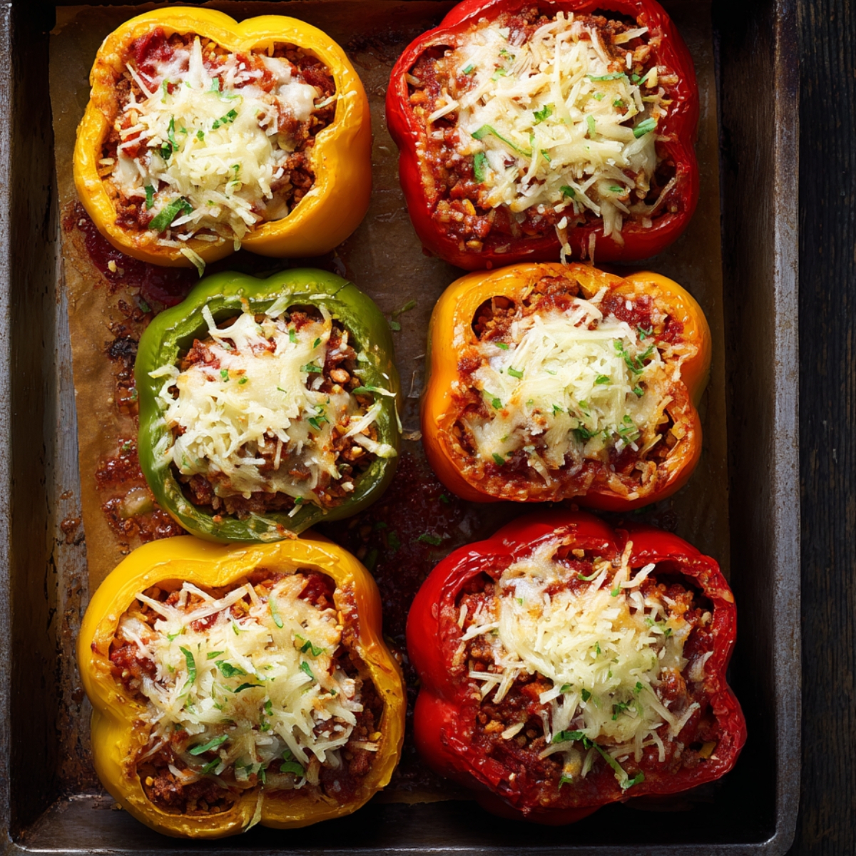 Overhead view of a dark metal baking dish holding six bell pepper halves in red, yellow, green, and orange, each filled with a savory beef‑rice mixture, topped with melted shredded cheese and a sprinkle of chopped parsley.