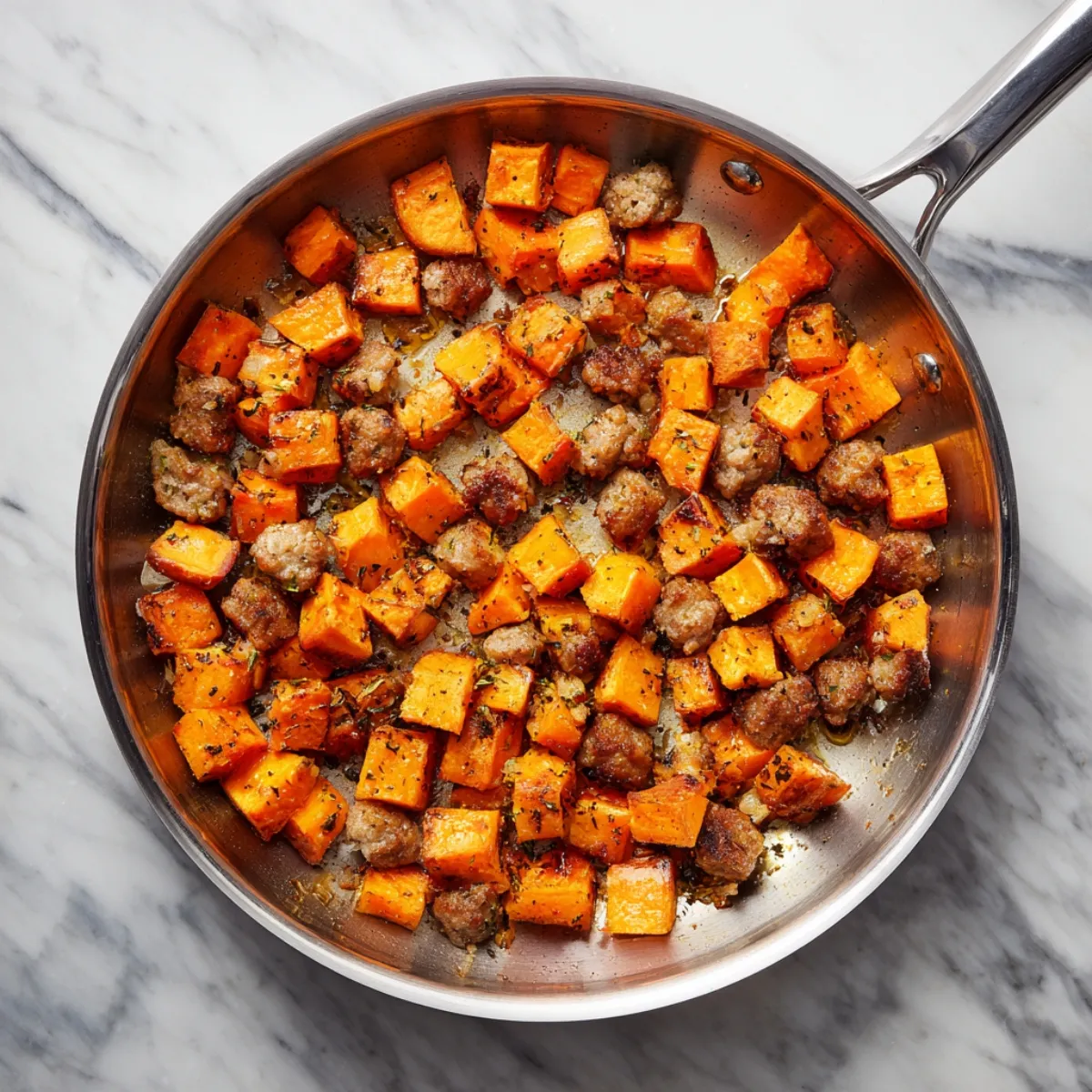 A close overhead shot of a stainless‑steel skillet on a marble countertop, showcasing cubed sweet potatoes and browned sausage bites sizzling in oil, each cube glistening with seasoning and herbs.
