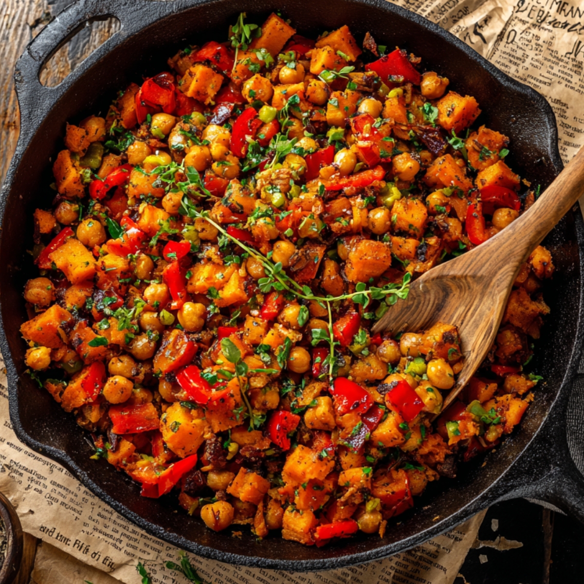 A top‑down view of a black cast‑iron skillet on a rustic wooden table lined with vintage newspaper, filled with vibrant sweet potato and chickpea hash studded with red pepper pieces and fresh thyme sprigs, a wooden spoon resting in the pan.