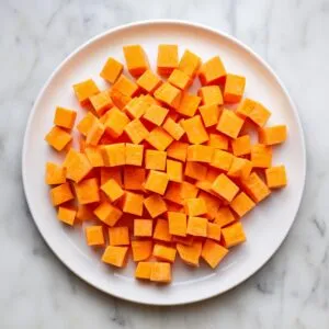 A clean overhead of a white round plate on marble, covered in uniformly cubed raw sweet potatoes, each piece neatly arranged and showing their bright orange flesh.