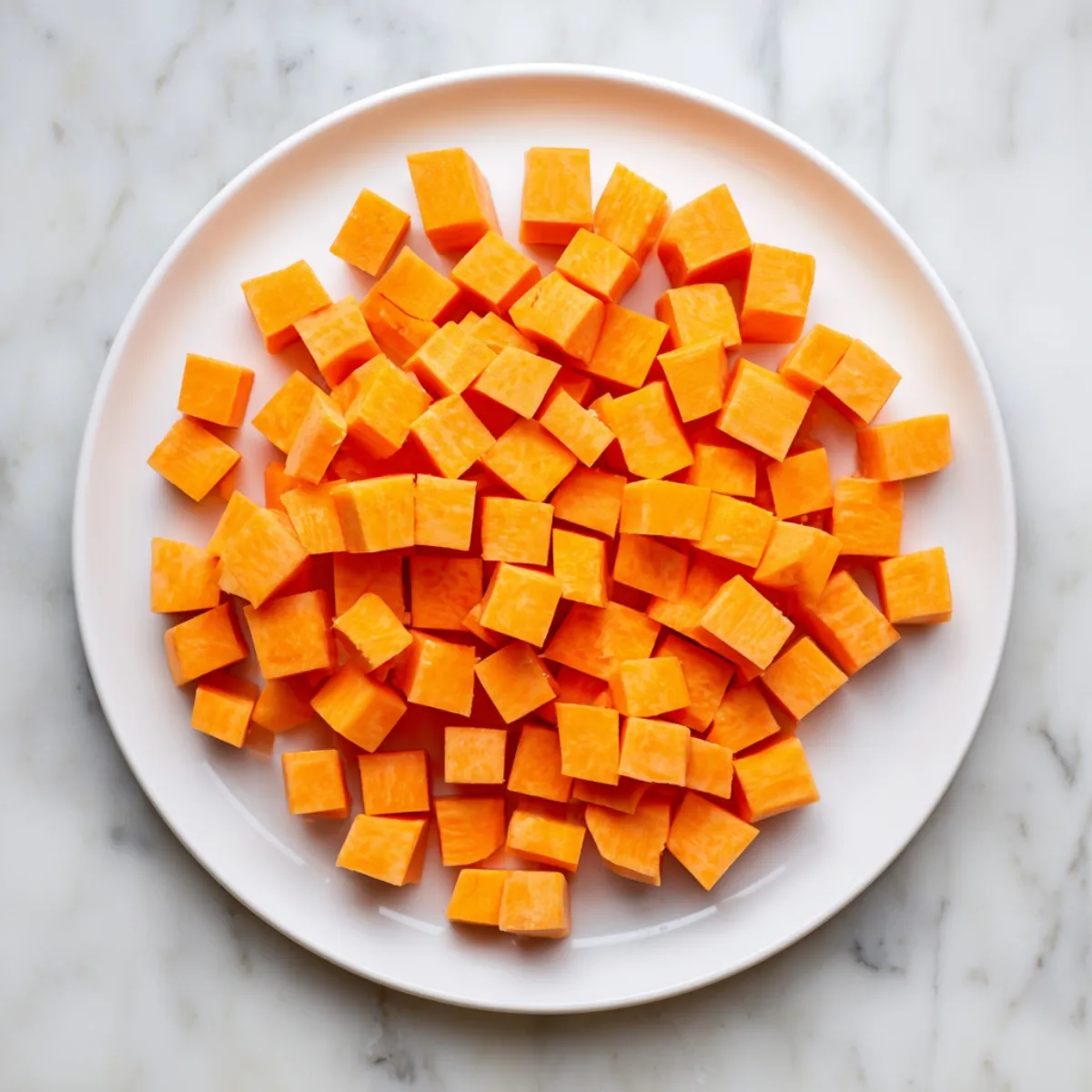 A clean overhead of a white round plate on marble, covered in uniformly cubed raw sweet potatoes, each piece neatly arranged and showing their bright orange flesh.