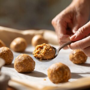 A close-up of hands scooping peanut butter mixture with a spoon and forming uniform balls on parchment paper, preparing for chilling before chocolate dipping.
