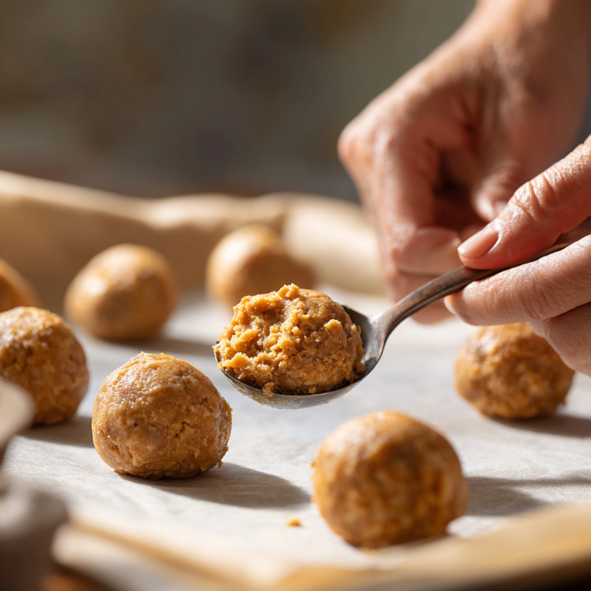 A close-up of hands scooping peanut butter mixture with a spoon and forming uniform balls on parchment paper, preparing for chilling before chocolate dipping.