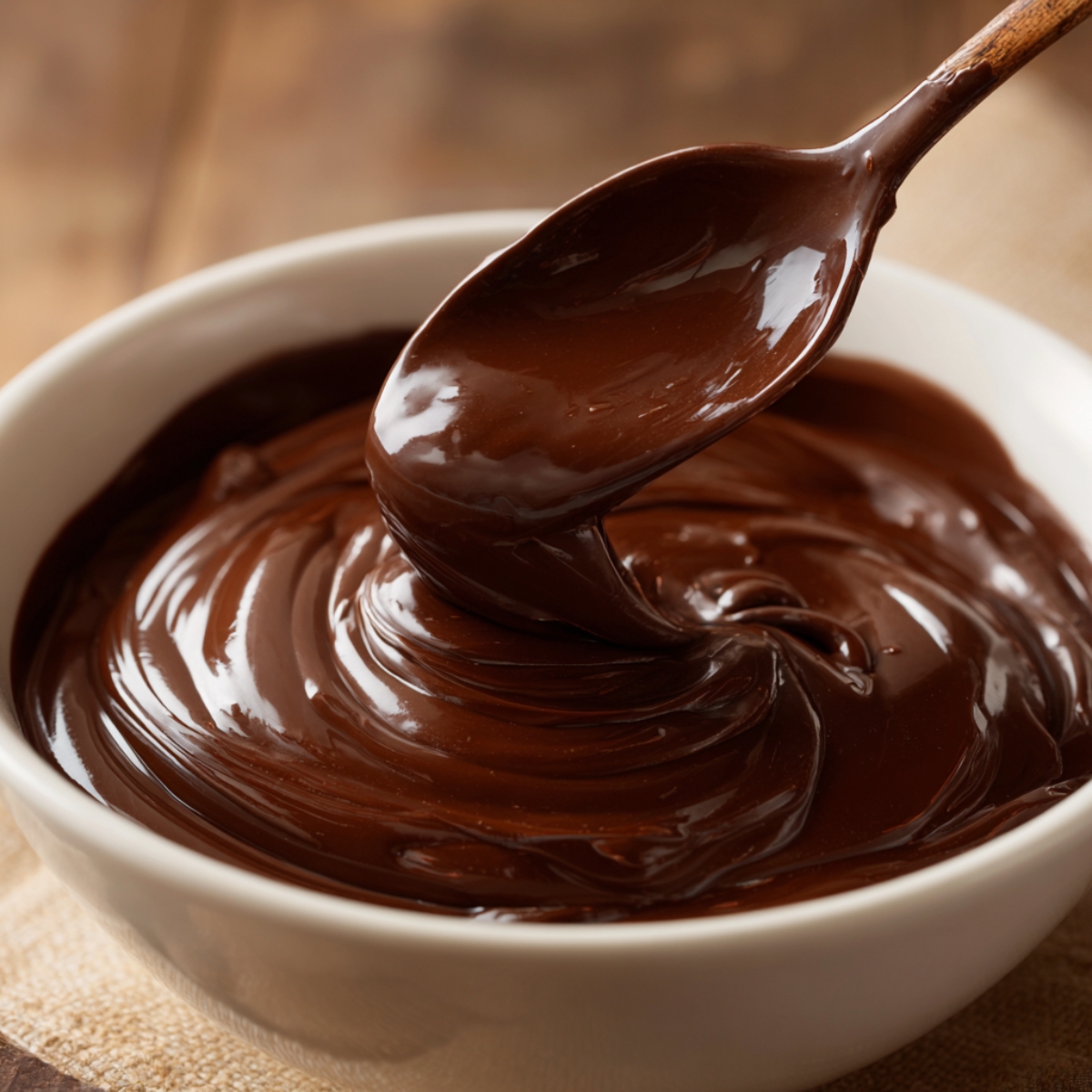 A spoon lifting smooth, glossy melted chocolate from a white bowl. The chocolate is rich and velvety, perfect for dipping or coating confections like truffles or buckeyes.