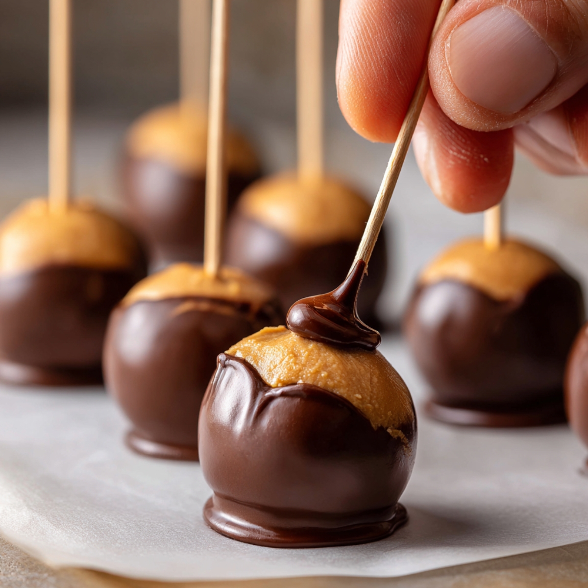A close-up of a hand dipping a peanut butter ball into melted chocolate using a toothpick. The iconic Buckeye treat is partially coated, with the top left uncovered, resting on parchment paper.