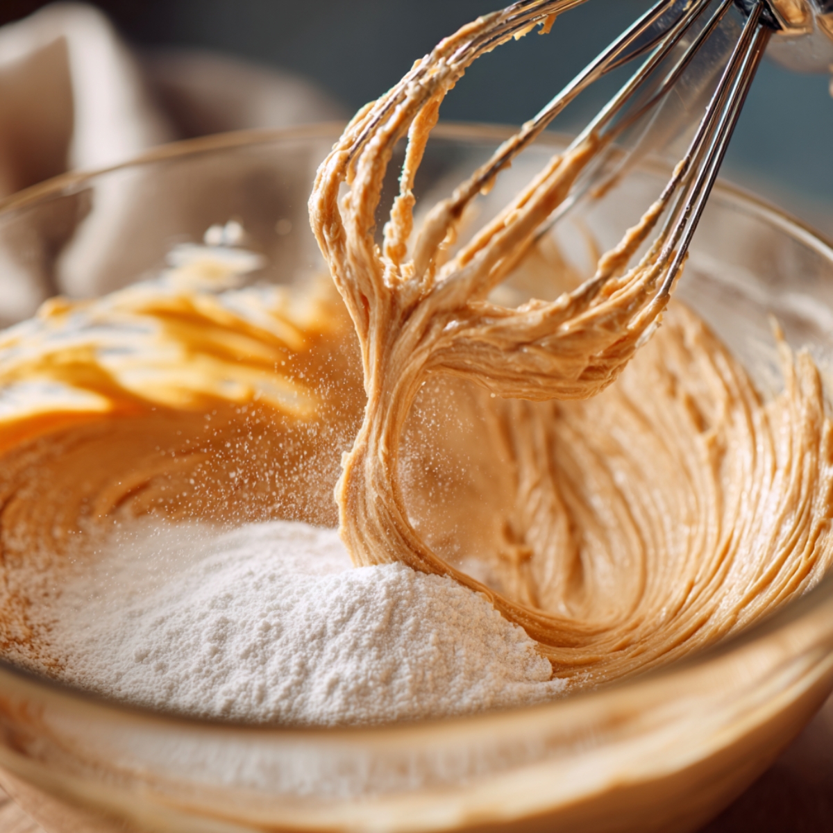 A whisk mixing peanut butter and powdered sugar in a glass bowl, creating a fluffy, smooth filling for buckeyes. Powdered sugar is being added gradually while whipping.