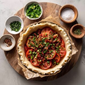 An overhead shot of a pre‑baked pie crust in a pan lined with parchment, topped with a single layer of sliced tomatoes, chopped green onions, fresh basil, and crumbled bacon, the pastry edge crimped and ready for the cheese topping.
