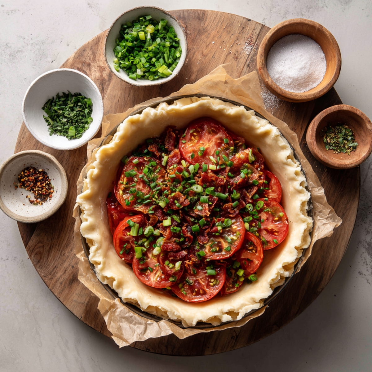 An overhead shot of a pre‑baked pie crust in a pan lined with parchment, topped with a single layer of sliced tomatoes, chopped green onions, fresh basil, and crumbled bacon, the pastry edge crimped and ready for the cheese topping.