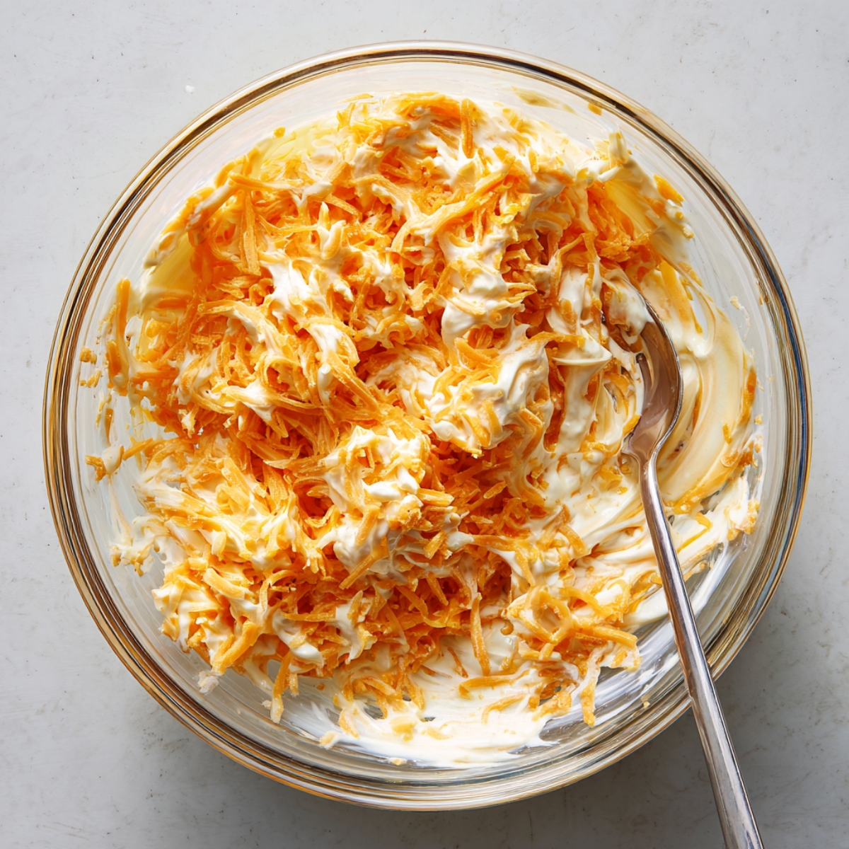 A close top‑down view of a glass bowl showing the cheese‑and‑mayo blend: strands of shredded cheddar coated in creamy mayonnaise swirl around a silver fork.