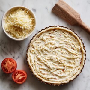 An overhead shot of a pie pan piled with the cheese‑mayo mixture over the tomato and herb layer: the pale yellow topping is spread into peaks ready for baking.
