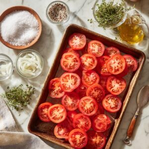 A bright top‑down view of a marble countertop showing tomato slices arranged on a metal tray for draining, next to small bowls of coarse salt, thinly sliced onion, red pepper flakes, dried herbs, and a bunch of fresh thyme, with a linen napkin at the corner.