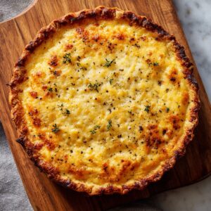 A top‑down view of a fully baked tomato pie in a deep‑dish crust: the cheese topping is blistered to a rich golden‑brown, with a crimped edge of flaky pastry visible all around.