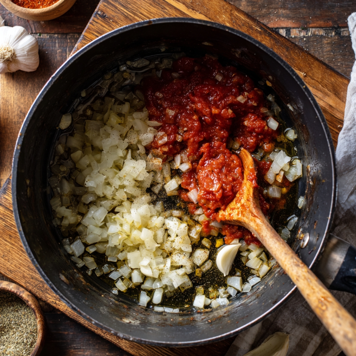 A cooking pot with diced onions being sautéed in olive oil next to crushed tomatoes, with garlic cloves and seasonings visible nearby on a wooden countertop.