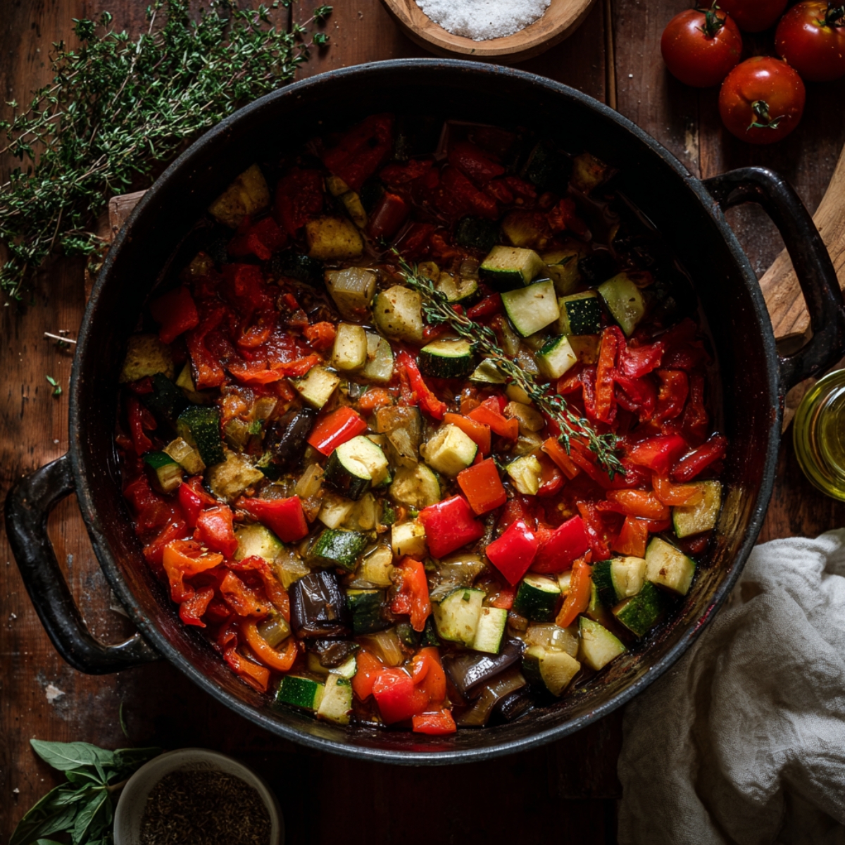 A rustic pot filled with cooked ratatouille, featuring chunks of zucchini, eggplant, bell peppers, and tomatoes, garnished with sprigs of thyme and surrounded by fresh ingredients.