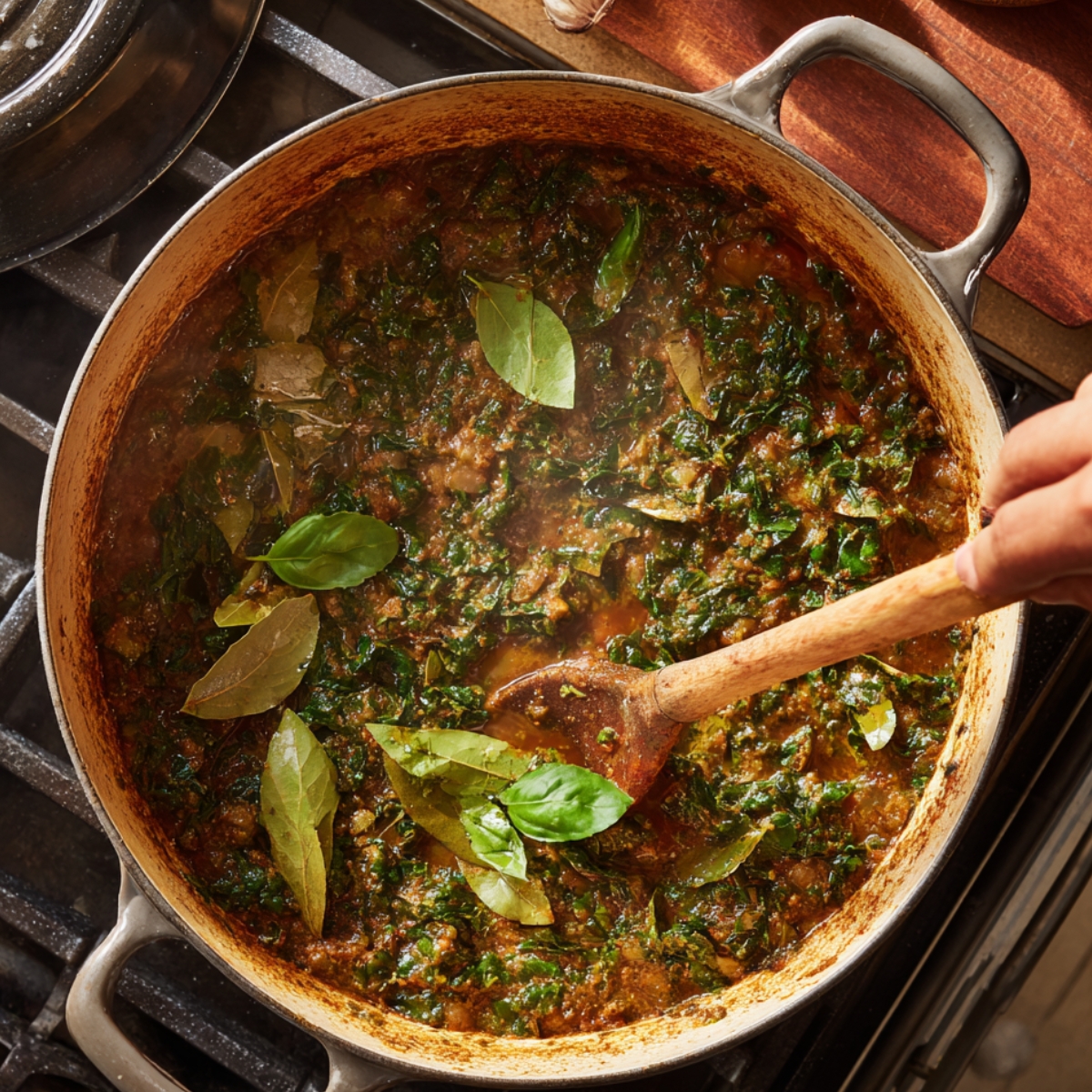 A large Dutch oven filled with a rich stew being stirred with a wooden spoon, topped with fresh bay leaves and basil, simmering on a stovetop.