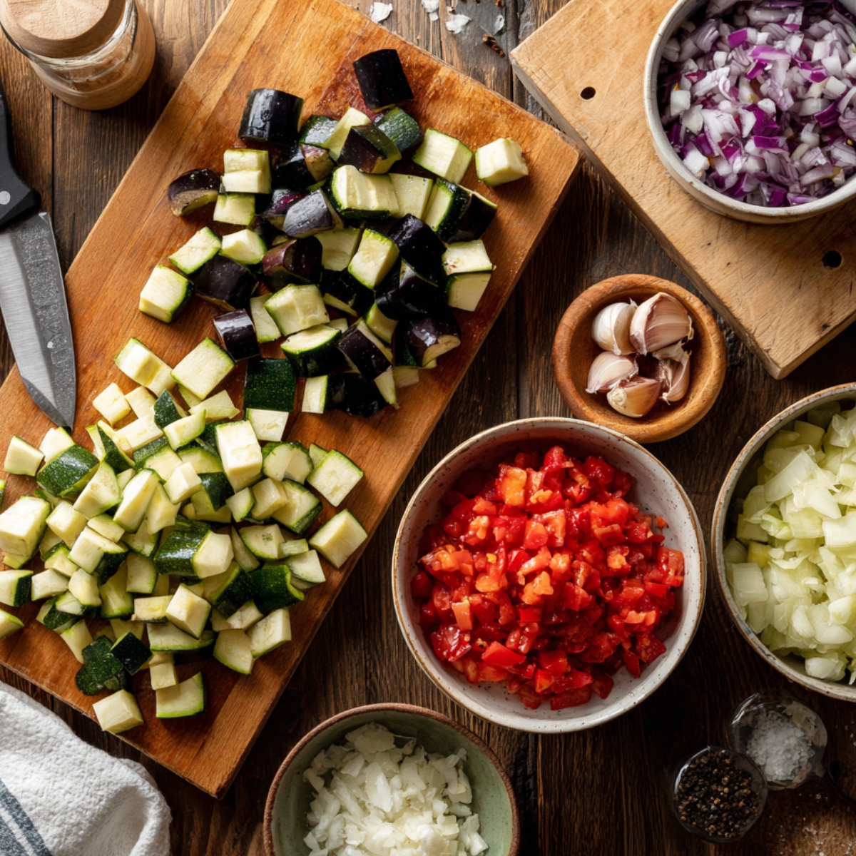 An overhead view of a wooden cutting board with chopped zucchini, eggplant, and tomatoes, surrounded by bowls of chopped onions, garlic cloves, and kitchen knives on a rustic wooden surface.