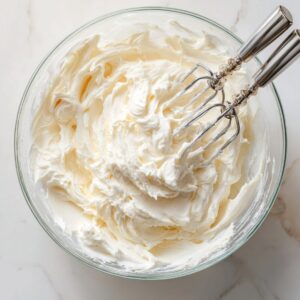 Fluffy cream cheese frosting in a glass bowl with two mixer beaters resting inside, overhead view.