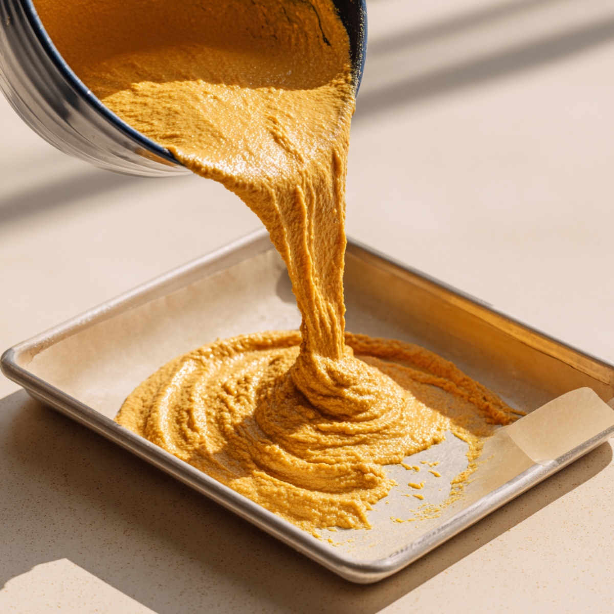 Pumpkin batter pouring from a bowl onto a parchment‑lined jelly roll pan, sunlight hitting the tray.