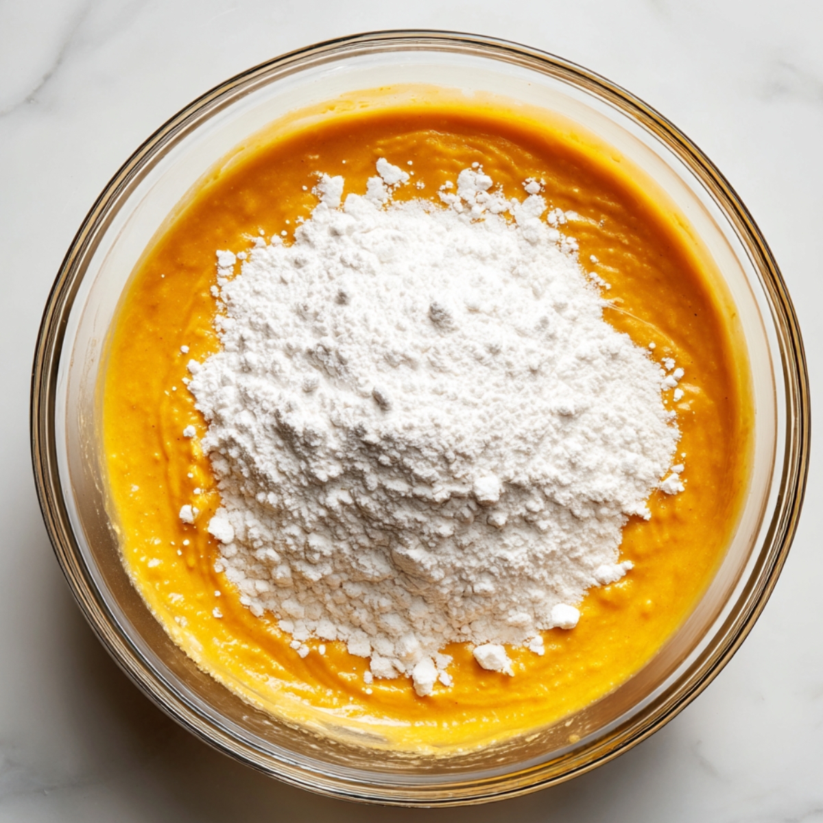 Glass bowl of pumpkin batter topped with a mound of powdered sugar, photographed from above on marble.