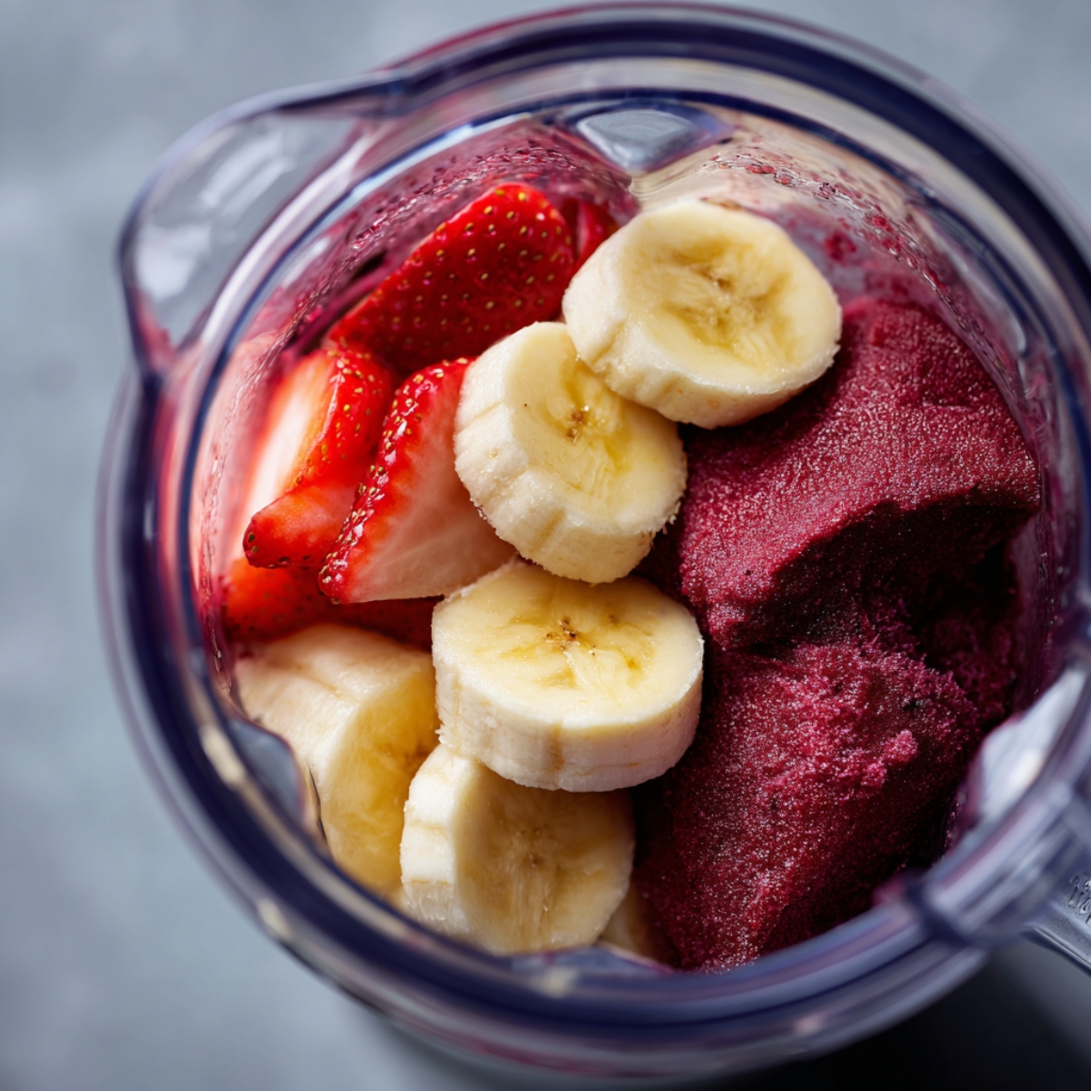 A blender jar containing slices of strawberries, bananas, and acai puree, ready to be blended into an acai bowl.