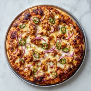 Pizza BBQ chicken mtbou5a b cheddar w mozzarella mghatta b jalapeño w bassla 7amra 3la ta9rira mtboukha.