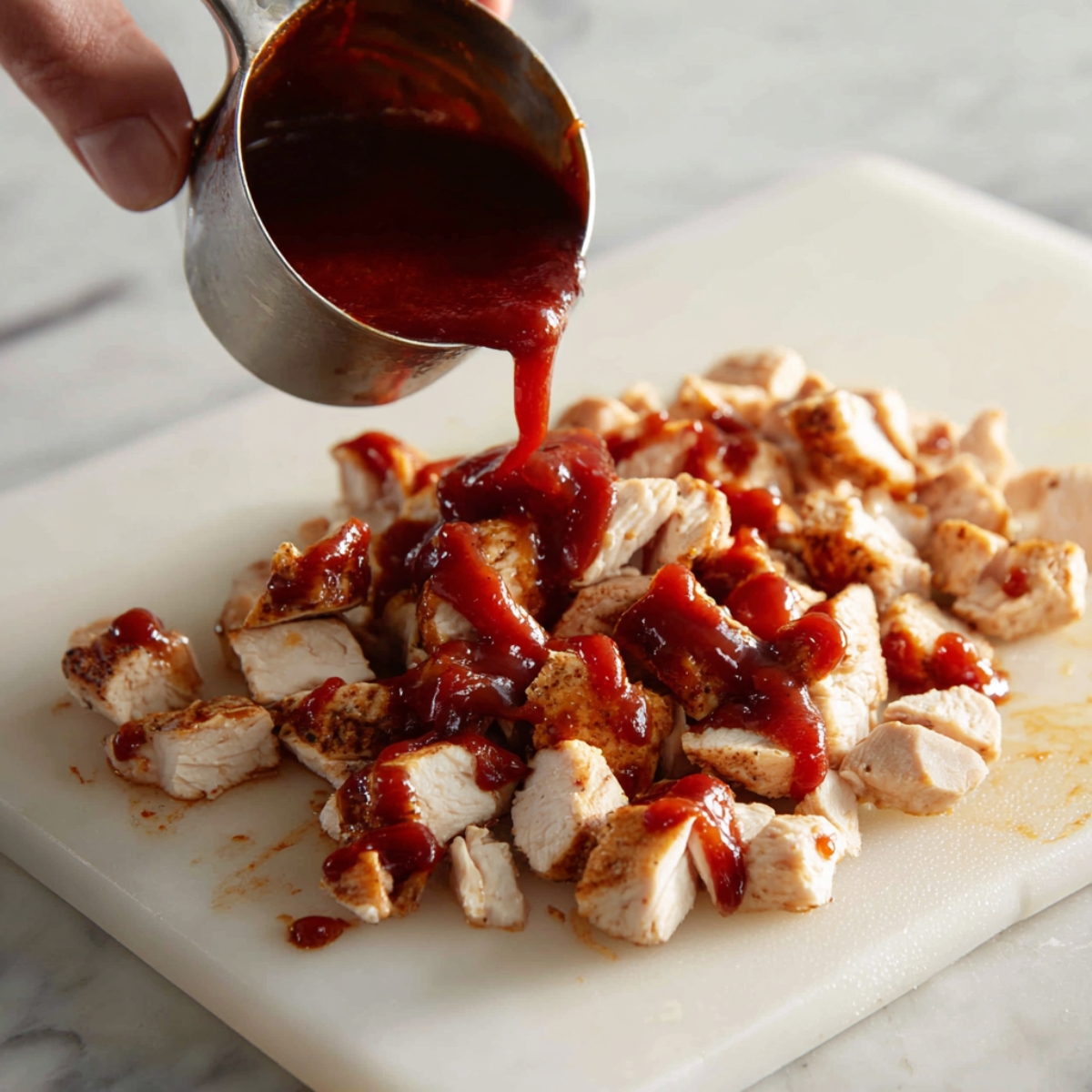 A close-up of diced grilled chicken breast on a white plastic cutting board, being drizzled with thick, glossy BBQ sauce from a metal measuring cup. The chicken pieces are cooked and lightly browned, and the BBQ sauce is rich and dark red. The setting is a white marble countertop with natural light, showing a casual kitchen prep scene.