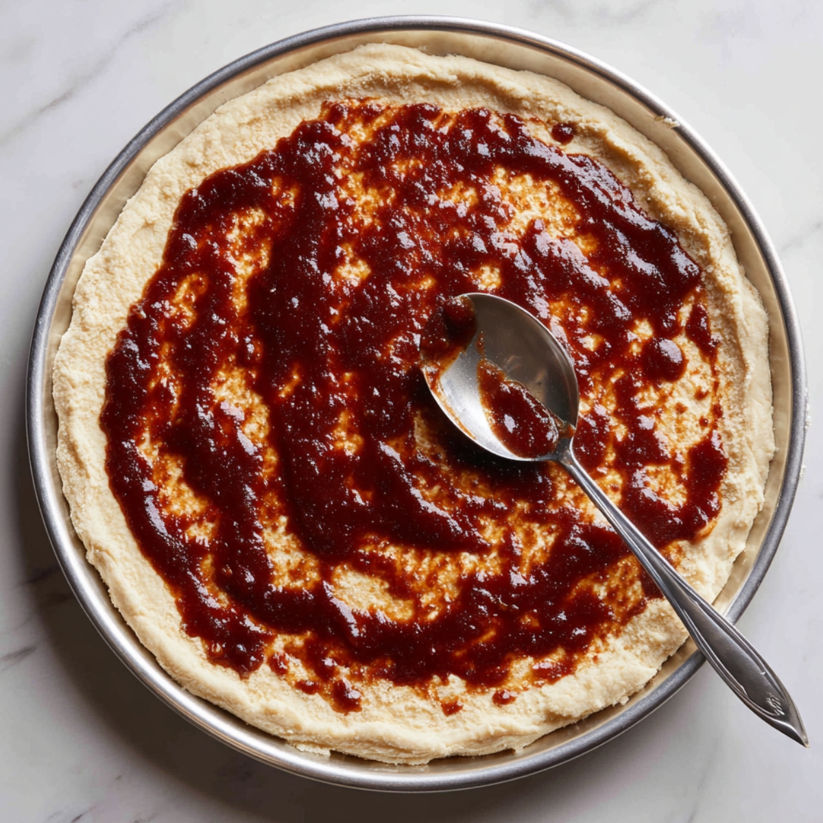 Dough pizza raw mghatta b BBQ sauce mfrsha b spoona 3la ta9rira f tabla metali.