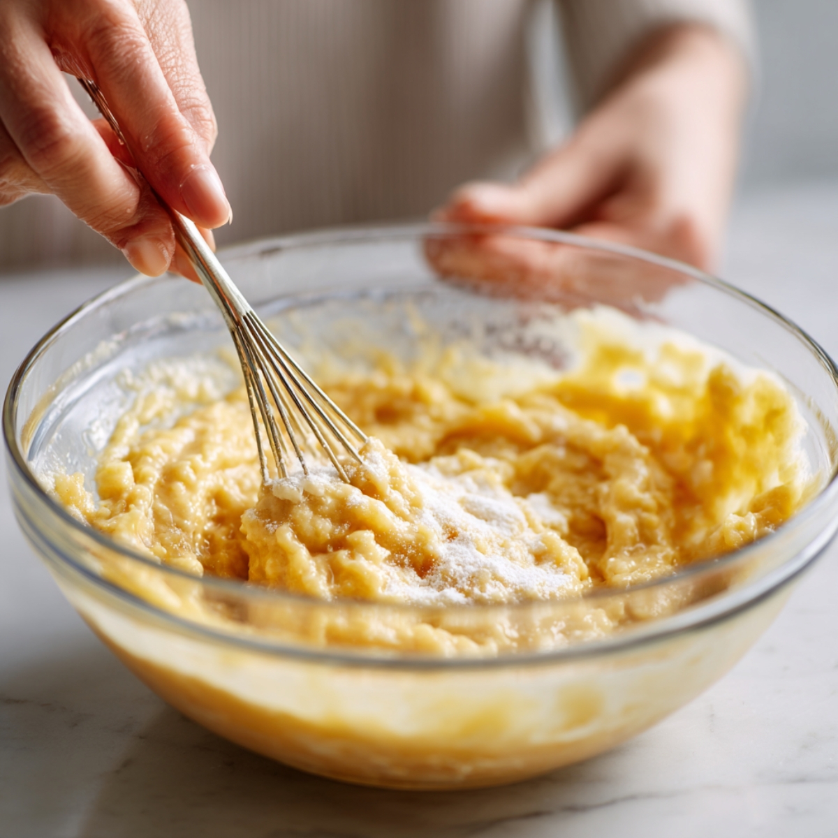 A close-up of a person whisking mashed bananas, sugar, and wet ingredients in a large clear glass bowl. The mixture is thick and textured, with visible granules of sugar being blended in. Hands gently hold the bowl and whisk.