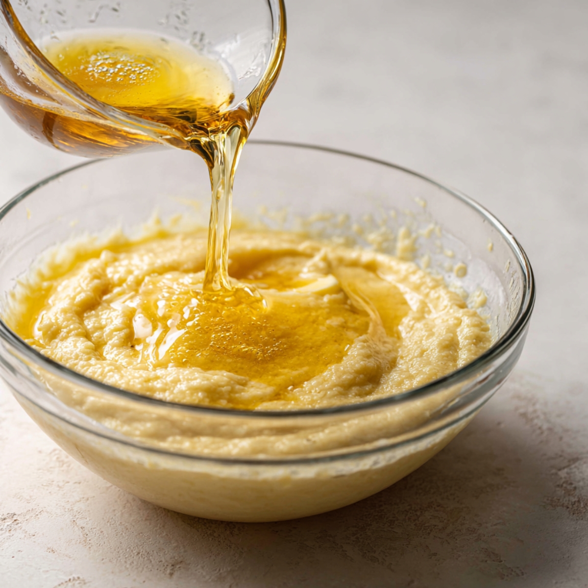 Melted golden butter being poured from a small glass cup into a bowl of banana bread batter. The butter forms a glossy layer as it hits the thick, creamy mixture. The countertop is smooth and light in color.