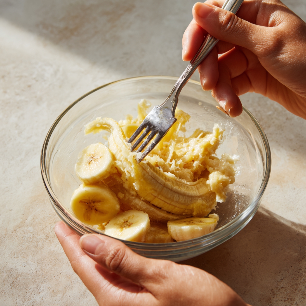 A person mashing ripe sliced bananas with a fork in a clear bowl. The banana is soft, with some chunks remaining. Hands hold the bowl gently, with natural morning light creating soft shadows on a tan kitchen counter.