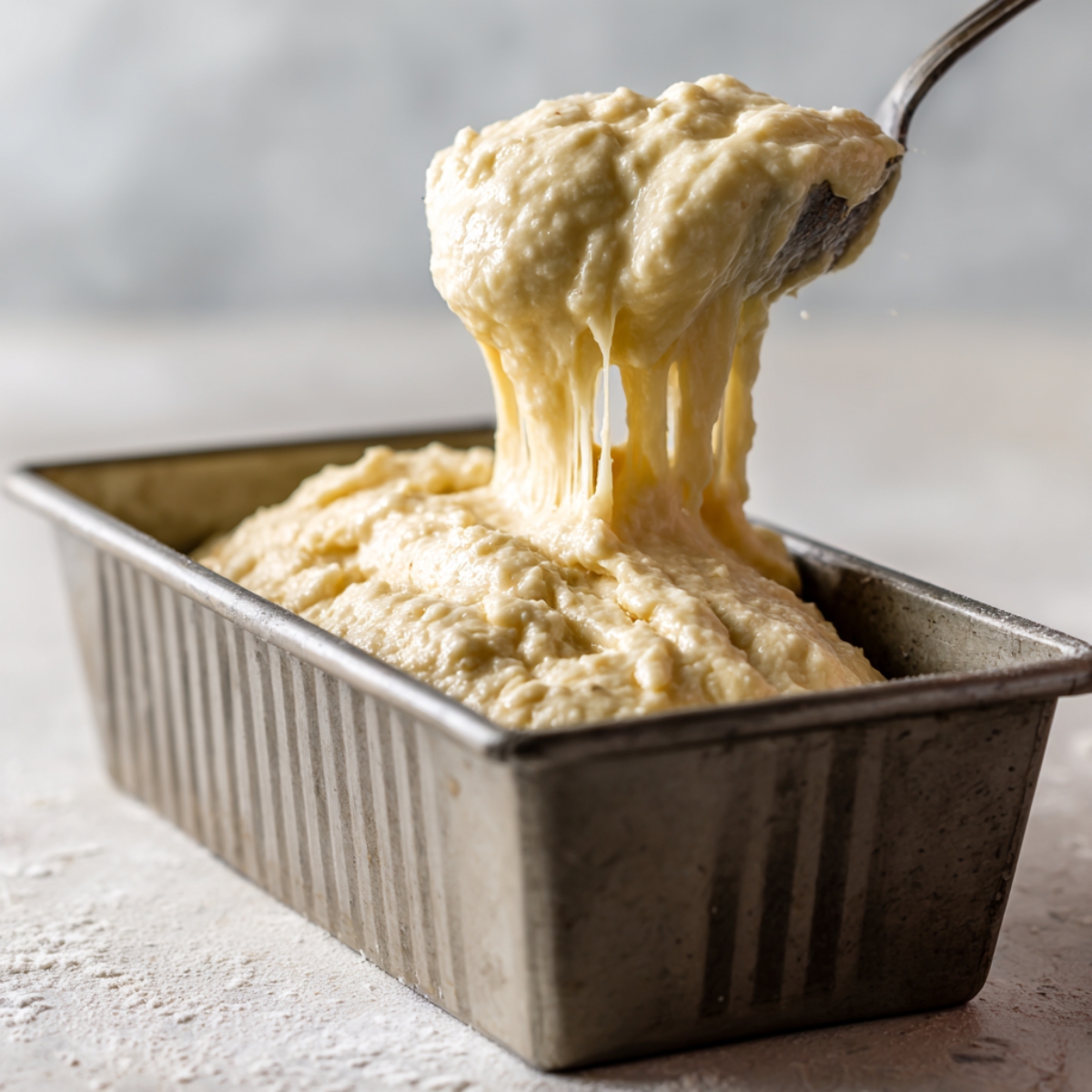 Thick, homemade banana bread batter being spooned into a greased metal loaf pan. The batter is soft, slightly lumpy, and elastic in texture, with visible air bubbles. The loaf pan is ridged, and the surface underneath is lightly floured, showing a real kitchen workspace.