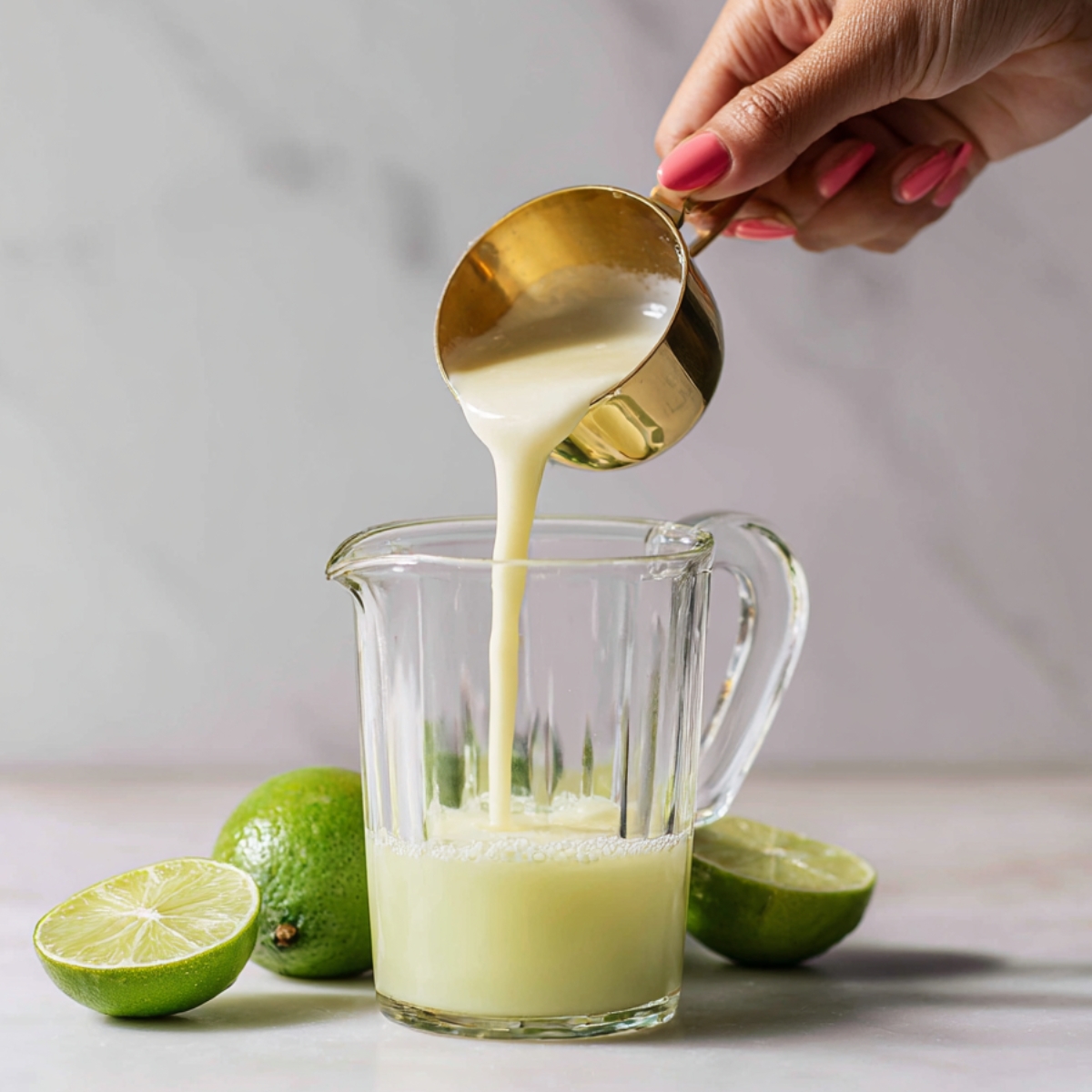 A hand with coral-colored nail polish pours sweetened condensed milk from a shiny gold measuring cup into a clear pitcher with pale lime juice. Limes are arranged casually around the base. All scenes should appear 100% real, naturally lit, and homemade."